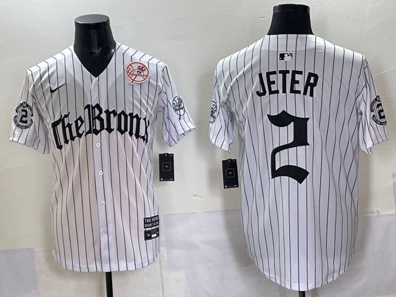 Men 2025 New York Yankees 2 Jeter White Stripe Five generations Joint Name Nike MLB Jersey style 08
